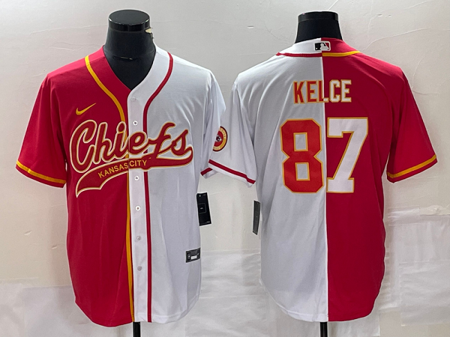 Men's Kansas City Chiefs #87 Travis Kelce Red White Split Cool Base Stitched Baseball Jersey